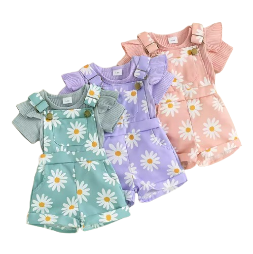 The Melody - Baby Girl Short Sleeve Romper with Flower Print Suspender Shorts