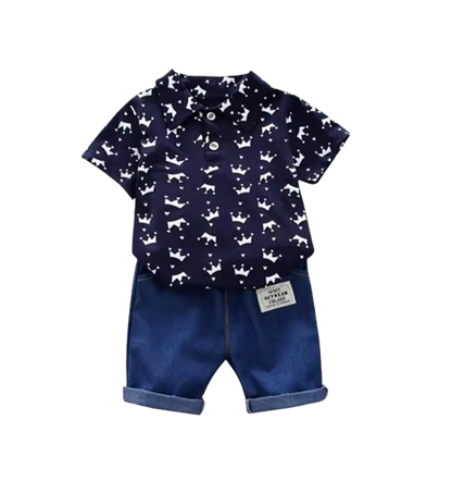 The Karter - Baby Boy Crown Print Short Sleeve Lapel Shirt + Denim Shorts