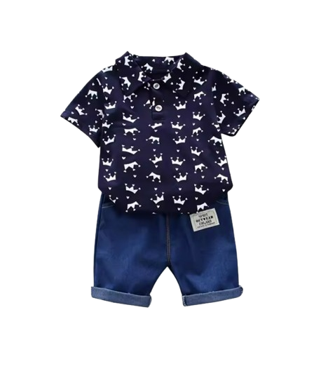 The Karter - Baby Boy Crown Print Short Sleeve Lapel Shirt + Denim Shorts