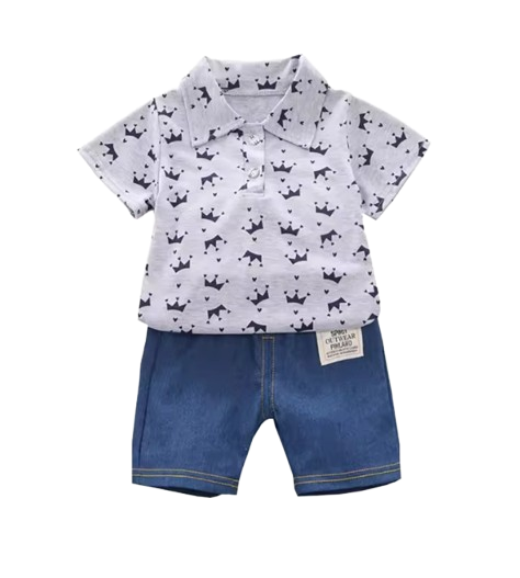 The Karter - Baby Boy Crown Print Short Sleeve Lapel Shirt + Denim Shorts