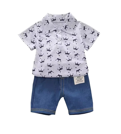 The Karter - Baby Boy Crown Print Short Sleeve Lapel Shirt + Denim Shorts