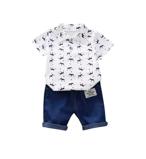 The Karter - Baby Boy Crown Print Short Sleeve Lapel Shirt + Denim Shorts