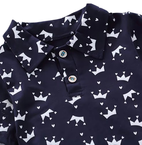 The Karter - Baby Boy Crown Print Short Sleeve Lapel Shirt + Denim Shorts