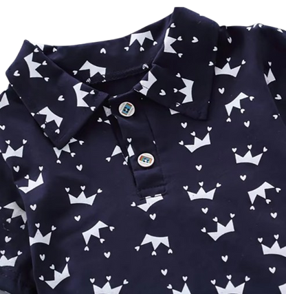 The Karter - Baby Boy Crown Print Short Sleeve Lapel Shirt + Denim Shorts