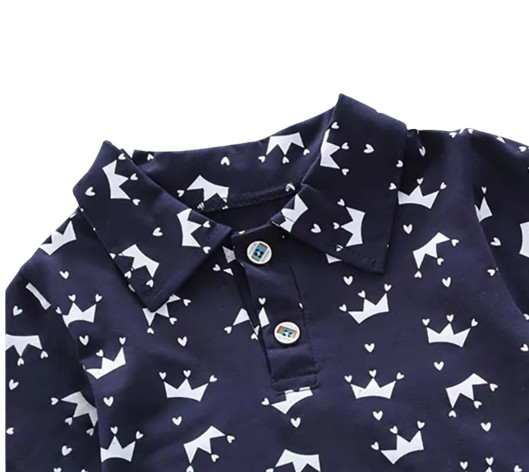 The Karter - Baby Boy Crown Print Short Sleeve Lapel Shirt + Denim Shorts