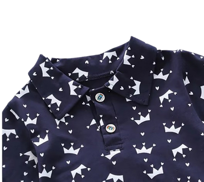 The Karter - Baby Boy Crown Print Short Sleeve Lapel Shirt + Denim Shorts