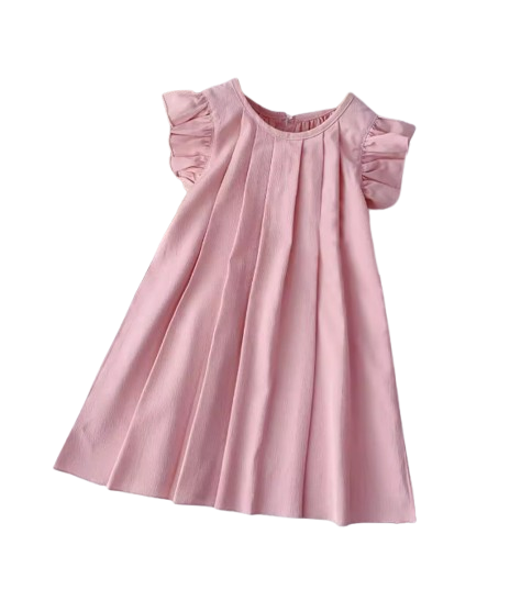 The Nevaeh - Baby Girl Round Neck Summer Solid Color Flying Sleeve Pleated Dress