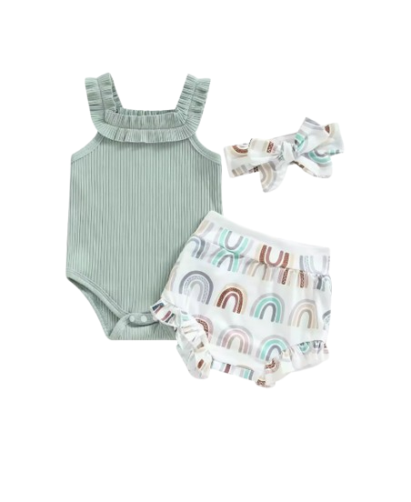 The Georgia - Baby Girl Sleeveless Romper + Flower/Rainbow/Butterfly Print Shorts + Hairband