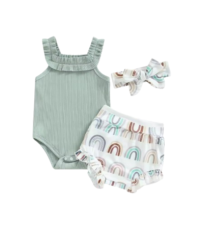 The Georgia - Baby Girl Sleeveless Romper + Flower/Rainbow/Butterfly Print Shorts + Hairband