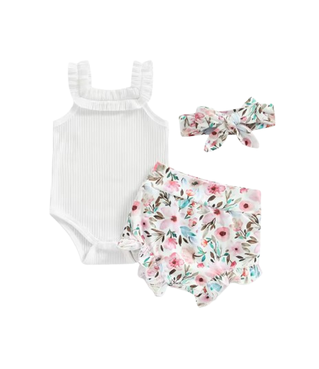 The Georgia - Baby Girl Sleeveless Romper + Flower/Rainbow/Butterfly Print Shorts + Hairband