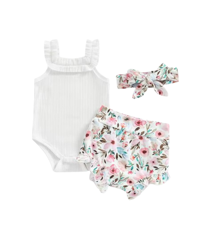 The Georgia - Baby Girl Sleeveless Romper + Flower/Rainbow/Butterfly Print Shorts + Hairband