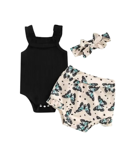 The Georgia - Baby Girl Sleeveless Romper + Flower/Rainbow/Butterfly Print Shorts + Hairband