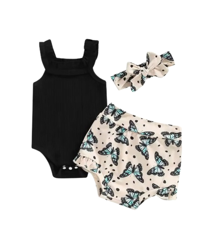 The Georgia - Baby Girl Sleeveless Romper + Flower/Rainbow/Butterfly Print Shorts + Hairband