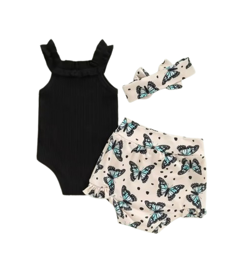 The Georgia - Baby Girl Sleeveless Romper + Flower/Rainbow/Butterfly Print Shorts + Hairband