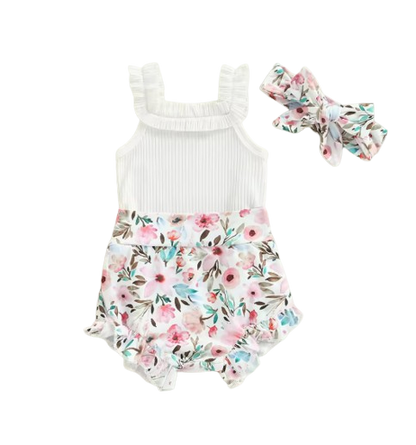 The Georgia - Baby Girl Sleeveless Romper + Flower/Rainbow/Butterfly Print Shorts + Hairband