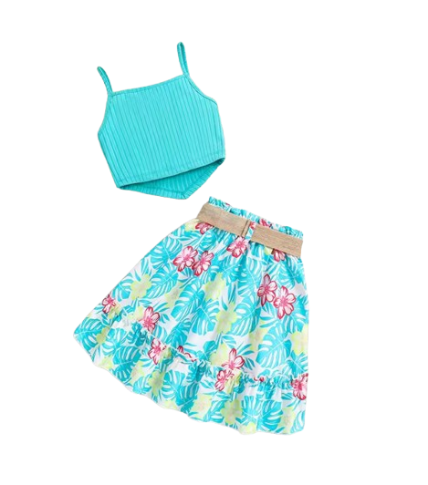 The Freya - Baby Girl Blue Halter Top & Printed Skirt Belt Casual Dress