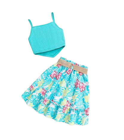 The Freya - Baby Girl Blue Halter Top & Printed Skirt Belt Casual Dress