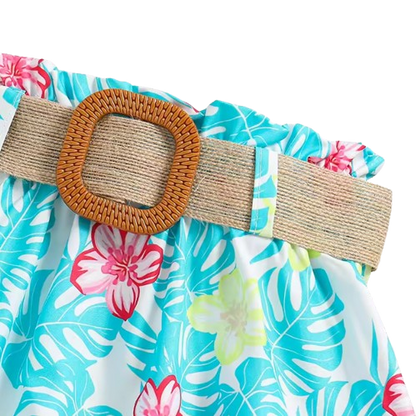 The Freya - Baby Girl Blue Halter Top & Printed Skirt Belt Casual Dress