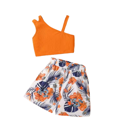 The Cecilia - Baby Girl Orange Asymmetrical Sling And Printed Short Pastoral Style Casual Dress