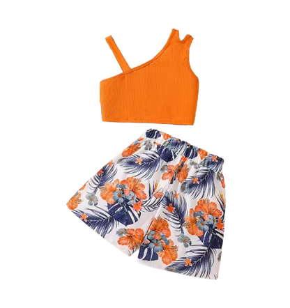 The Cecilia - Baby Girl Orange Asymmetrical Sling And Printed Short Pastoral Style Casual Dress