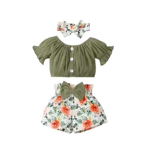 The Sienna - Baby Girl Cotton Short Sleeved Headscarf Printed Bow + Shorts