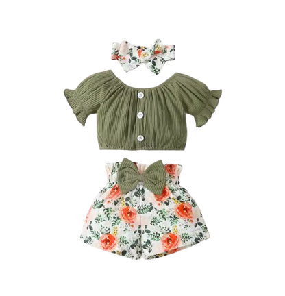 The Sienna - Baby Girl Cotton Short Sleeved Headscarf Printed Bow + Shorts