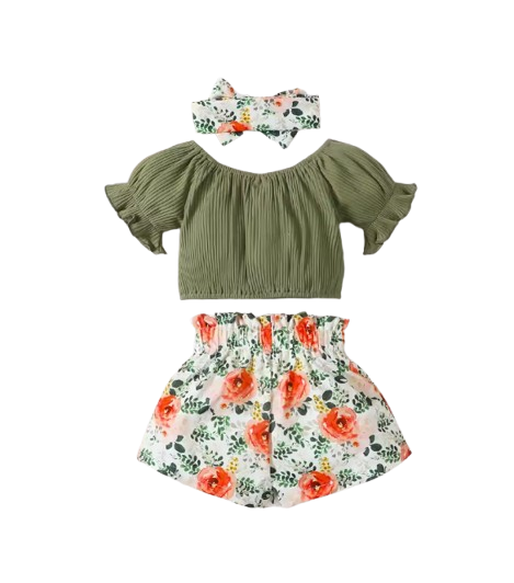 The Sienna - Baby Girl Cotton Short Sleeved Headscarf Printed Bow + Shorts