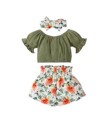 The Sienna - Baby Girl Cotton Short Sleeved Headscarf Printed Bow + Shorts