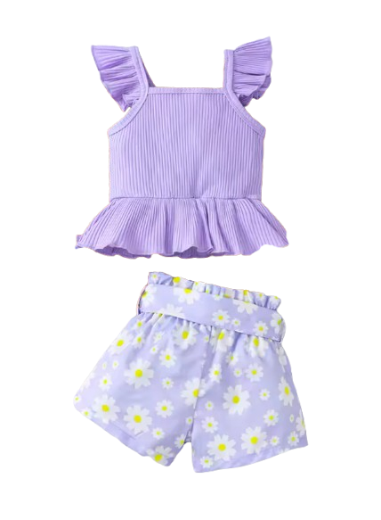 The Valerie - Baby Girl Purple Sleeveless Tops + Floral Print Shorts
