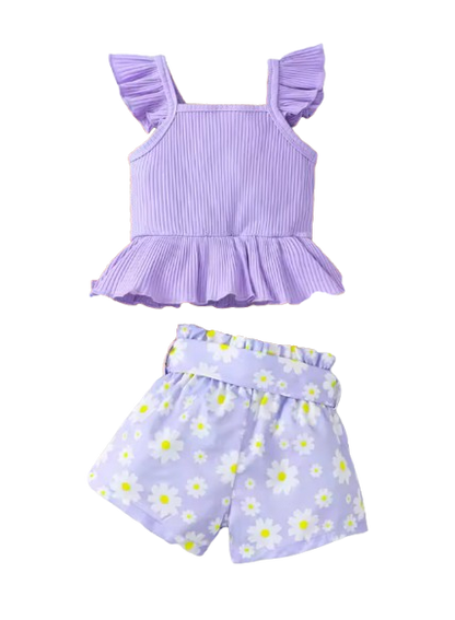 The Valerie - Baby Girl Purple Sleeveless Tops + Floral Print Shorts