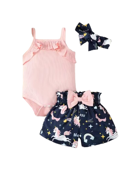 The Emersyn - Baby Girl Pink Cotton Suspender + Digital Printed Bow & Shorts