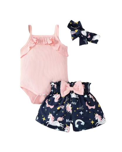 The Emersyn - Baby Girl Pink Cotton Suspender + Digital Printed Bow & Shorts