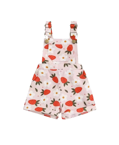 The Alina - Baby Girl Strawberry/Flower Print Denim Sleeveless Straps Buttons Pockets Overalls