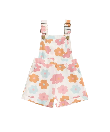 The Alina - Baby Girl Strawberry/Flower Print Denim Sleeveless Straps Buttons Pockets Overalls