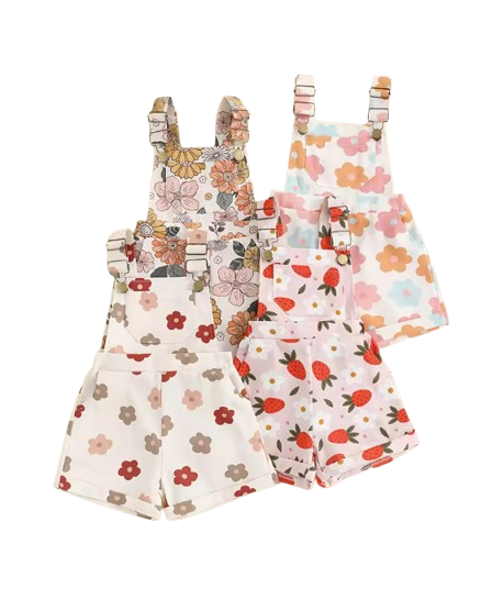 The Alina - Baby Girl Strawberry/Flower Print Denim Sleeveless Straps Buttons Pockets Overalls
