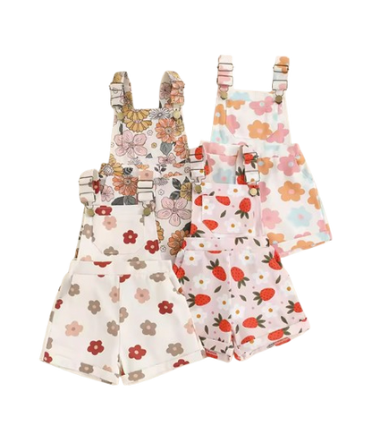 The Alina - Baby Girl Strawberry/Flower Print Denim Sleeveless Straps Buttons Pockets Overalls