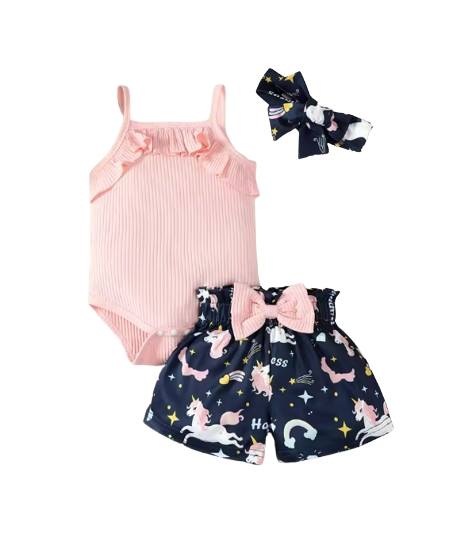 The Kehlani - Baby Girl Pink Tops Cotton Suspender Digital Printed Bow Shorts