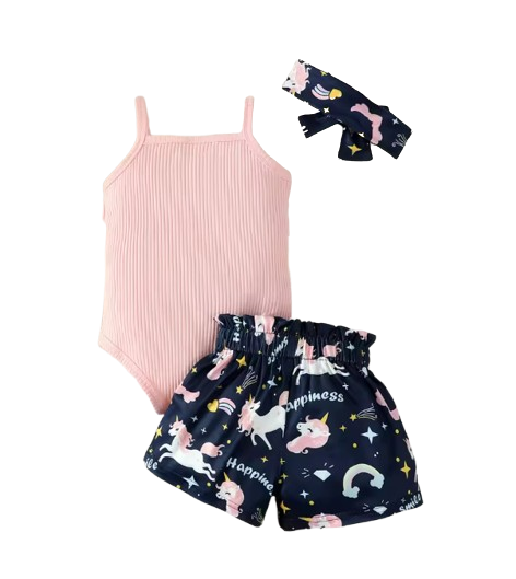 The Kehlani - Baby Girl Pink Tops Cotton Suspender Digital Printed Bow Shorts