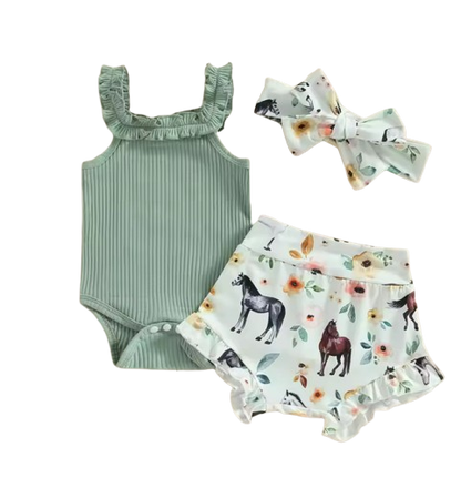 The Elsie - Baby Girl Off Shoulder Romper Tops + Bull Print Short Pants + Head Band
