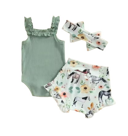 The Elsie - Baby Girl Off Shoulder Romper Tops + Bull Print Short Pants + Head Band