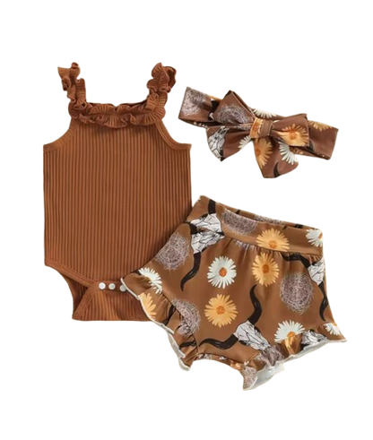 The Elsie - Baby Girl Off Shoulder Romper Tops + Bull Print Short Pants + Head Band
