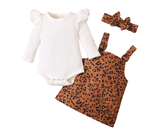 The Mackenzie - Baby Girl Ribbed Fly Sleeve Round Neck Bodysuit + Leopard Print Suspender Skirt + Bow Headband
