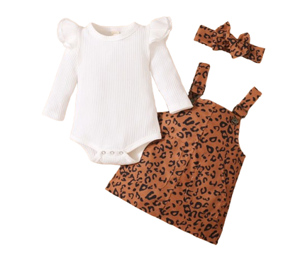The Mackenzie - Baby Girl Ribbed Fly Sleeve Round Neck Bodysuit + Leopard Print Suspender Skirt + Bow Headband