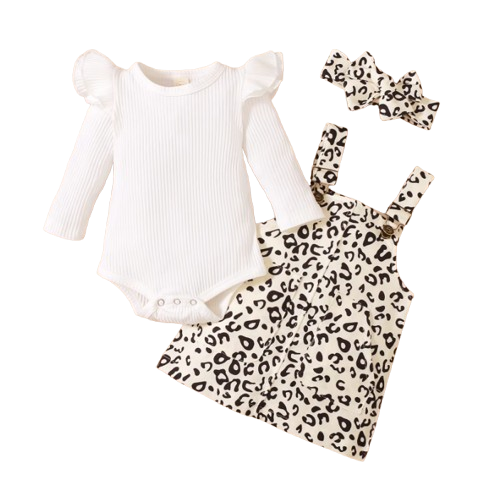 The Mackenzie - Baby Girl Ribbed Fly Sleeve Round Neck Bodysuit + Leopard Print Suspender Skirt + Bow Headband