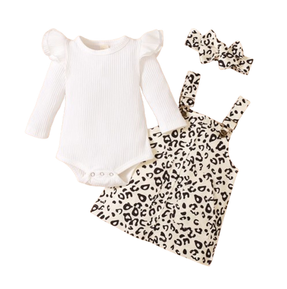 The Mackenzie - Baby Girl Ribbed Fly Sleeve Round Neck Bodysuit + Leopard Print Suspender Skirt + Bow Headband