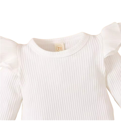 The Mackenzie - Baby Girl Ribbed Fly Sleeve Round Neck Bodysuit + Leopard Print Suspender Skirt + Bow Headband