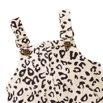 The Mackenzie - Baby Girl Ribbed Fly Sleeve Round Neck Bodysuit + Leopard Print Suspender Skirt + Bow Headband