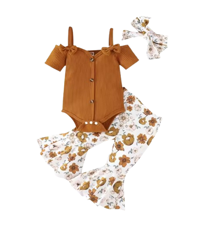 The Genevieve - Baby Girl Ribbed Off Shoulder Short Sleeve Button Bodysuits + Floral Flare Long Pants + Headband