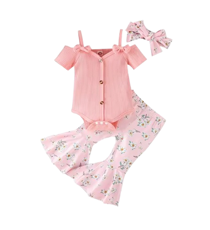 The Genevieve - Baby Girl Ribbed Off Shoulder Short Sleeve Button Bodysuits + Floral Flare Long Pants + Headband