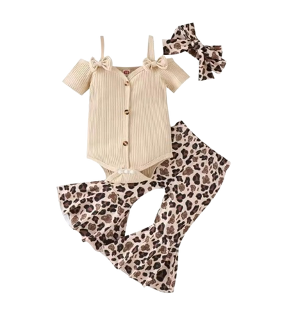 The Genevieve - Baby Girl Ribbed Off Shoulder Short Sleeve Button Bodysuits + Floral Flare Long Pants + Headband